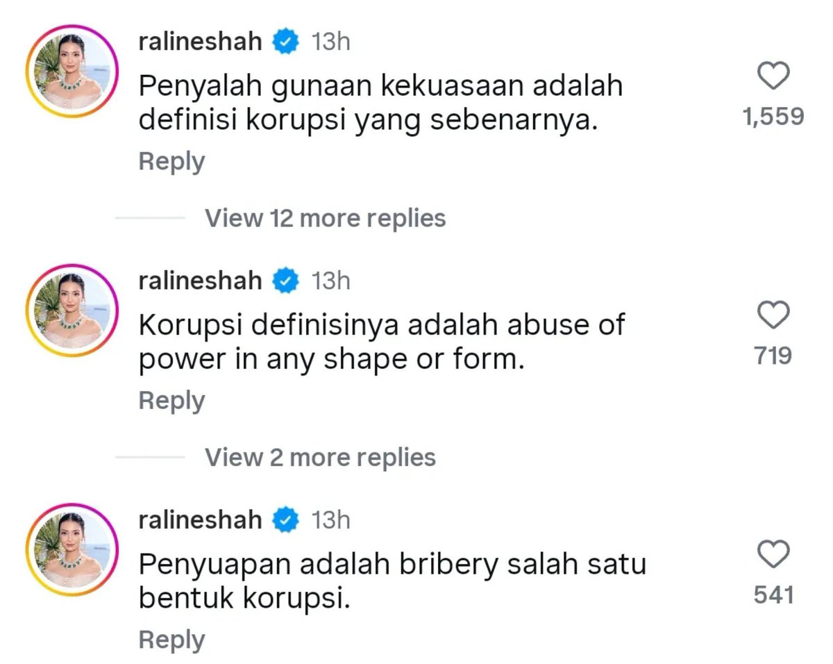 kamarlintang's tweet photo. Raline Shah memasak 🔥

Raline SPEAK UP soal definisi korupsi yg belum lama ini diubah sama pemerintahan Prabowo 👀

Raline nulis, "Penyalah gunaan kekuasaan adalah definisi korupsi yang sebenarnya."

Raline belum lama ini resmi mengundurkan diri sebagai Staf Khusus Menkomdigi 👍 https://t.co/fsBd9rzTMr