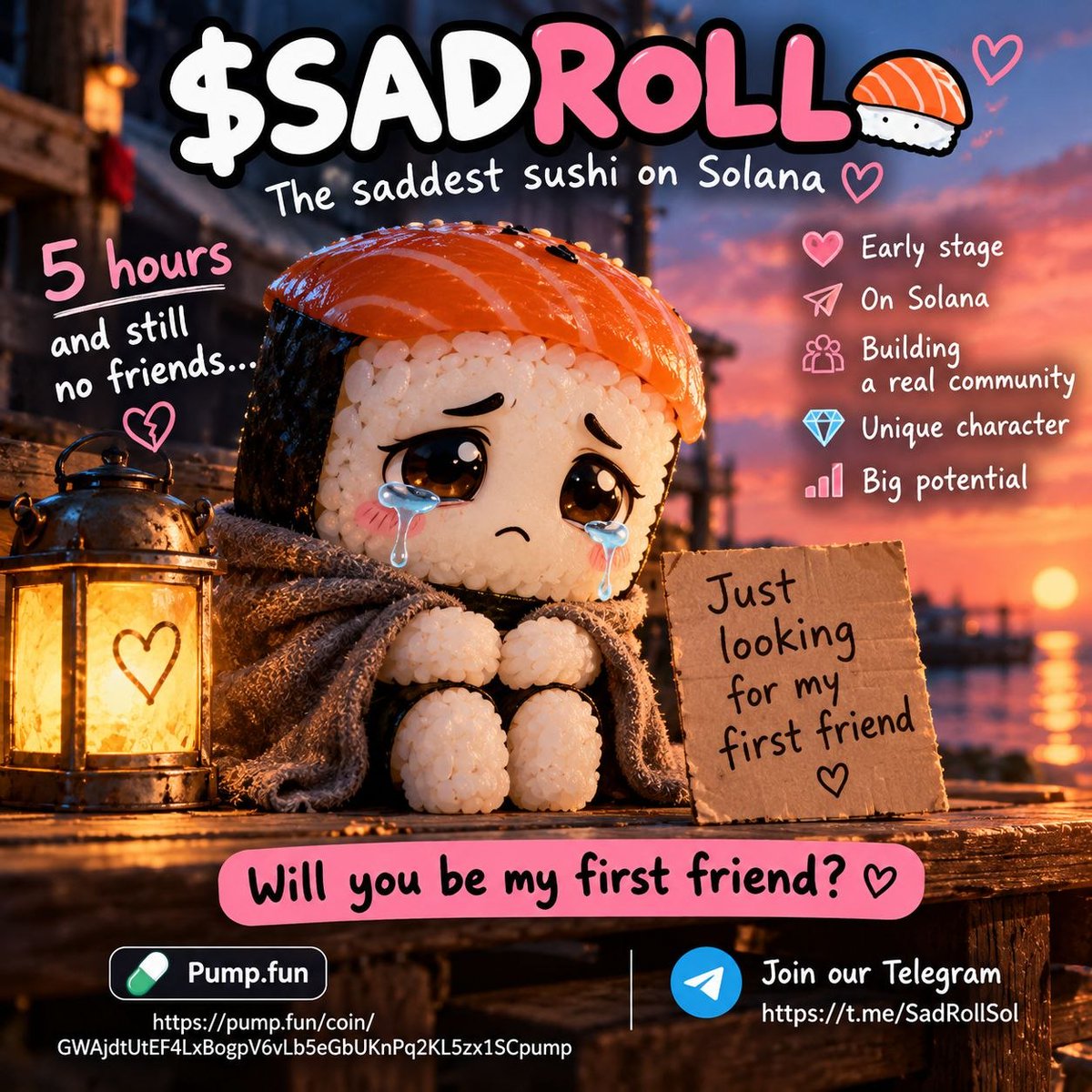 sphynxy6's tweet photo. 5 hours. Still waiting for his first friend…

Meet $SADROLL — the saddest sushi on Solana. 📷

Nobody noticed him yet. Will you be the first to say hello? 📷📷

📷 https://t.co/fylRUjWmXi

#SADROLL #Solana #PumpFun https://t.co/kUFXs8pdxp
