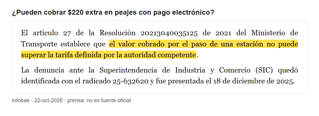 sebastian_90626's tweet photo. 🚗 ¿Pueden cobrarte $220 extra por pagar el peaje con Flypass? Es lo que se discute. Usuarios pidieron a la SIC suspender ese cobro: dicen que MinTransporte respondió que no autorizó valores extra y citan el art. 27 de la Res. 20213040035125 de 2021 (el cobro no puede superar la tarifa del peaje). Es una denuncia y, según los reclamantes, la SIC no ha decidido. Para ti: dos peajes al día, 20 días al mes, serían $8.800 mensuales. Revisa tu extracto. Fuente: Infobae.