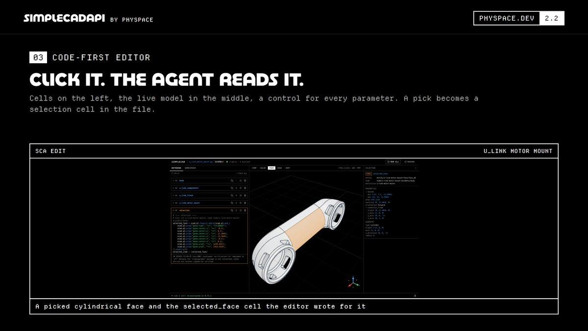 physpacedev's tweet photo. sca edit opens a browser editor over your notebooks. Click a face or an edge and it writes a scad.ql selection cell your coding agent reads from disk. https://t.co/nxNi2e5kWg