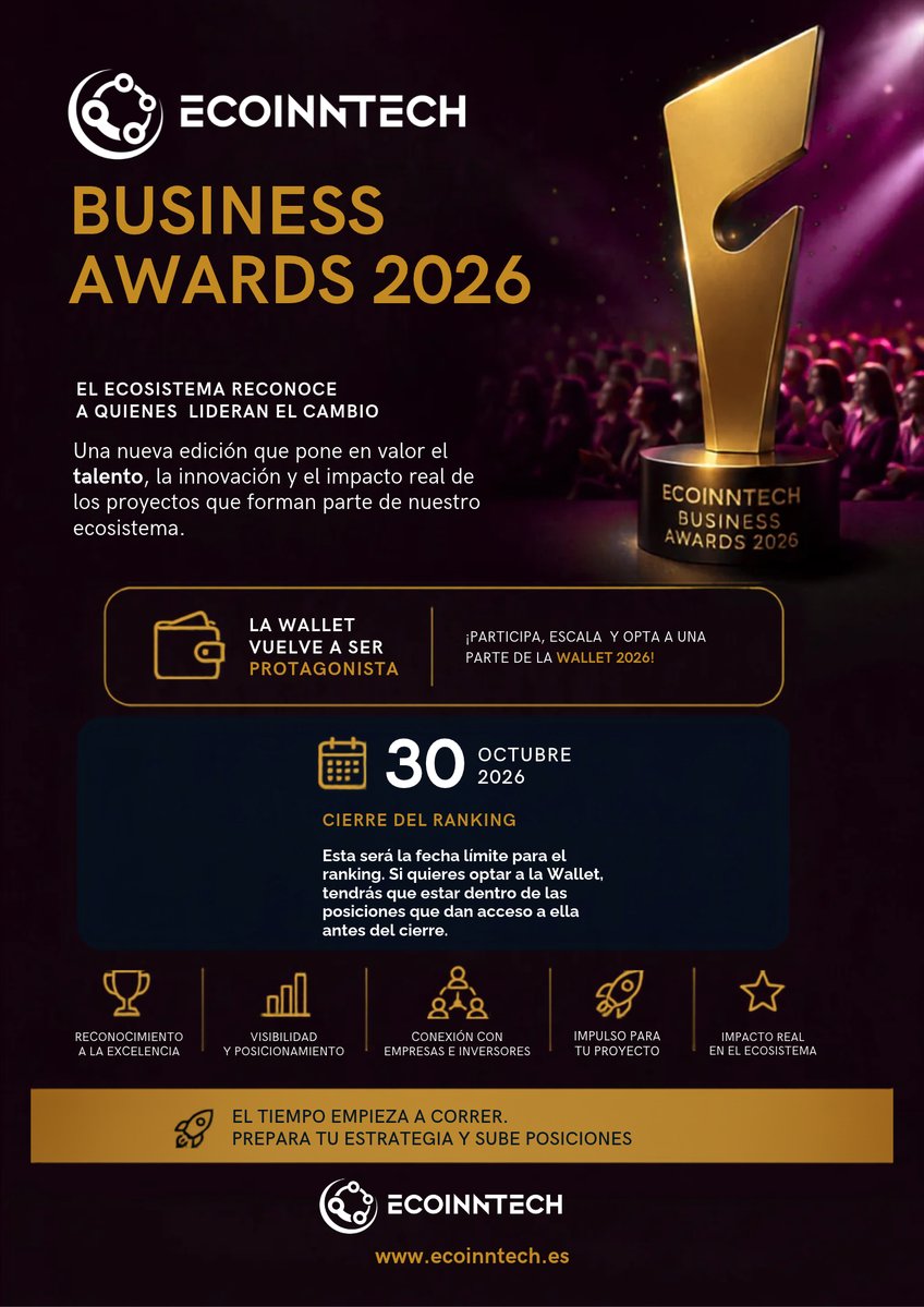 ecoinntech's tweet photo. 🏆 ECOINNTECH BUSINESS AWARDS 2026 | EL RANKING YA ESTÁ EN JUEGO
Y, una vez más, la Wallet tendrá un papel protagonista.
📍30 OCTUBRE 2026 | CIERRE DEL RANKING

🌐 https://t.co/NaQKAned7g
📩 ecoinntech@ecoinntech.es
📞 949 881 425 https://t.co/QZZdbanOmW