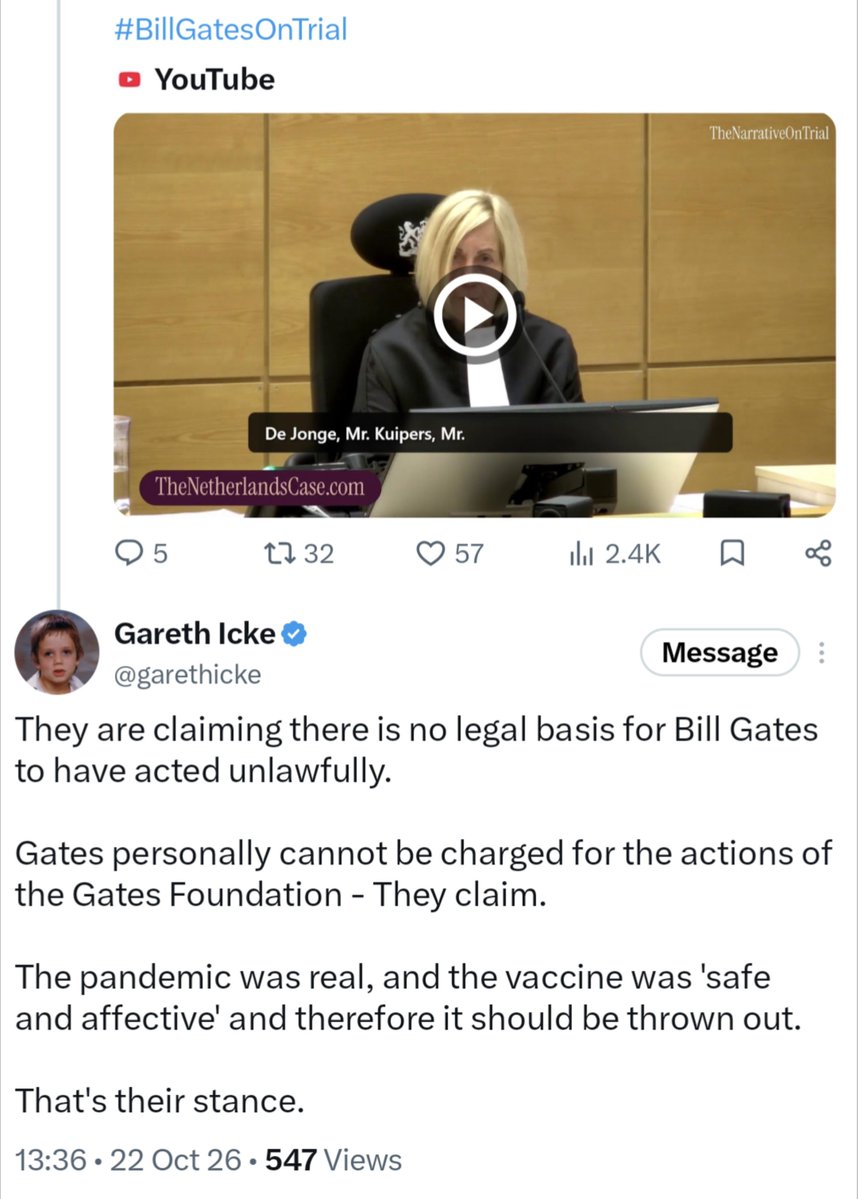 _johnbye's tweet photo. The Dutch court case against Bill Gates and co over covid vaccines is apparently going pretty much as you'd expect, with the lawyer behind it accusing them of genocide, calling covid vaccines bioweapons, and claiming the pandemic wasn't real.

Bit of an open goal for the defence. https://t.co/CrqYzpdK7X