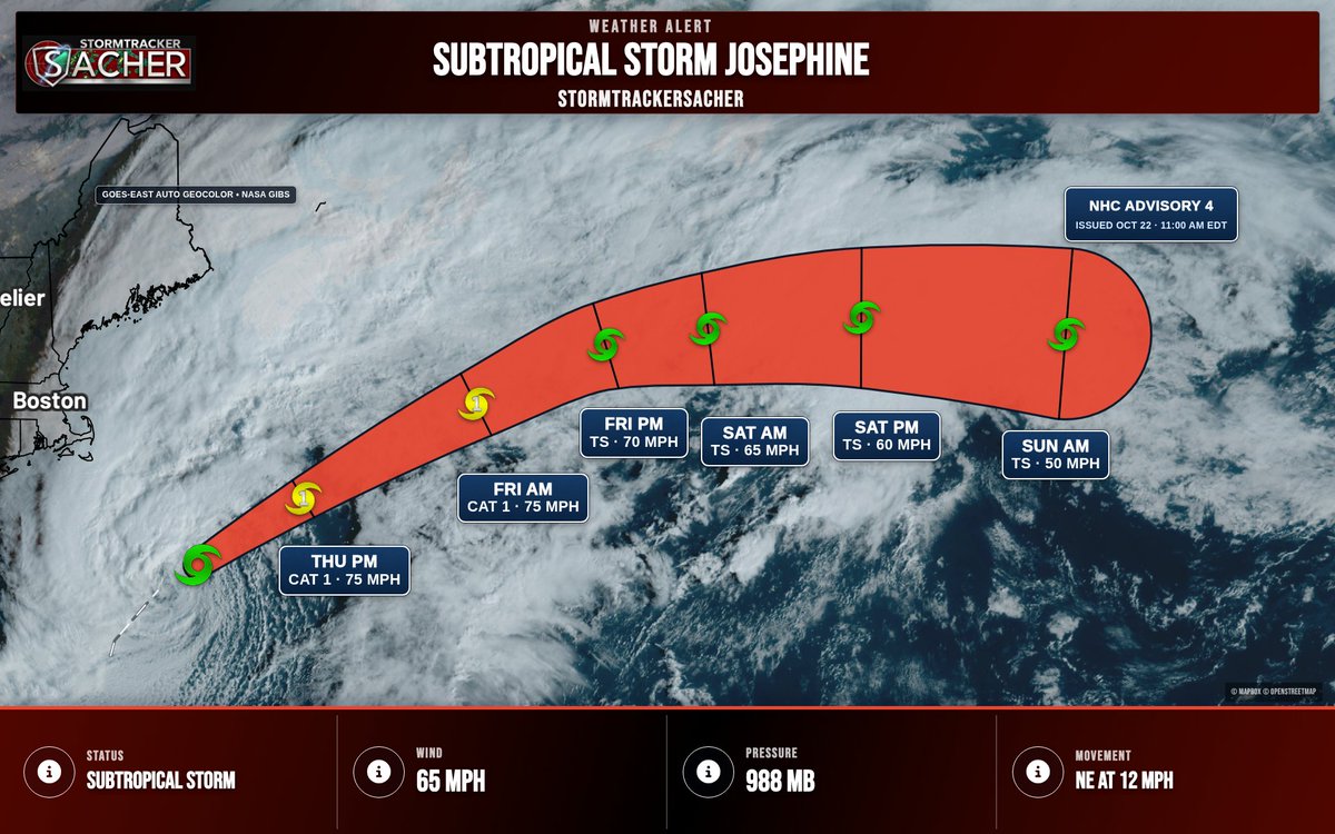 TrackerSacker's tweet photo. Subtropical Storm Josephine is about 200 miles southeast of Nantucket Massachusetts. Winds 65 mph. Josephine moving northeastward across the northwestern atlantic. Expected to become a powerful extratropical cyclone this afternoon or tonight. Moving northeast at 12 mph. https://t.co/vcQm8EAwRp