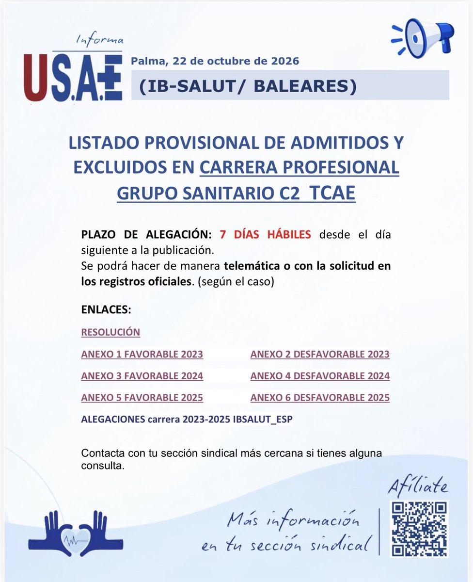 SaeBaleares's tweet photo. Palma, 22 de octubre de 2026

(IB-SALUT/ BALEARES)
LISTADO PROVISIONAL DE ADMITIDOS Y EXCLUIDOS EN CARRERA PROFESIONAL GRUPO SANITARIO C2 TCAE https://t.co/4Ii1nvwDFB