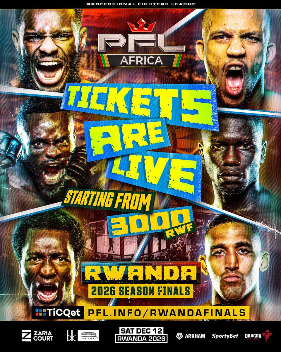 PFLAfrica's tweet photo. ⚡ TICKETS ARE LIVE! 🇷🇼

PFL Africa returns to Kigali on Saturday, December 12 at BK Arena for the 2026 Season Finals!

Six finalists. Three championship belts. $100,000 on the line per division. Plus, a stacked card featuring Africa’s top MMA talent and high-stakes women’s bouts!

🎟️ TICKETS START FROM 3,000 RWF!
Buy now: https://t.co/oXiHGhKLe2

#PFLRwanda | Saturday, December 12 | BK Arena | Kigali, Rwanda
🎟️https://t.co/oXiHGhKLe2