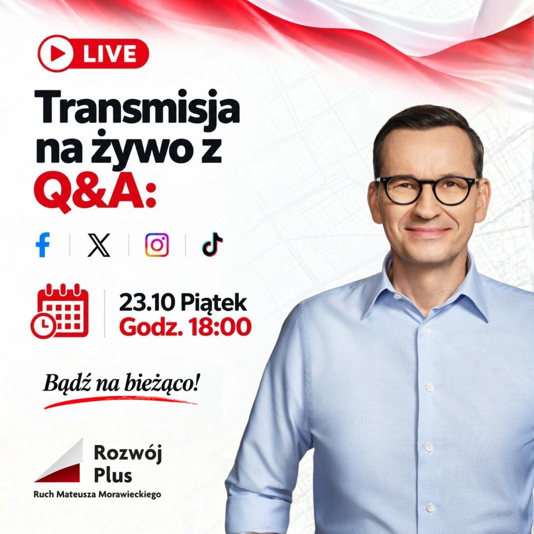 MorawieckiM's tweet photo. 🔴 Wy pytacie. Ja odpowiadam. Bez tematów tabu! 🔥

Jutro o 18:00 LIVE! 🎥

Jakie jutro pytanie mam wziąć na pierwszy ogień? https://t.co/RjvMKCTifb
