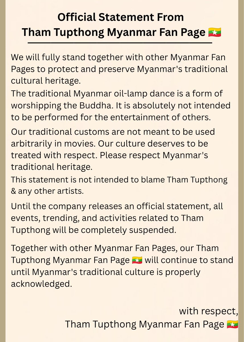 Tham_FanPage's tweet photo. Official Statement from Tham Tupthong Myanmar Fan Page🇲🇲

GMMTV ACCOUNTABILITY

#RespectMyanmarCulture
#CreditOurHeritage
#ScarletHeartTH https://t.co/bd4bQSxaCw