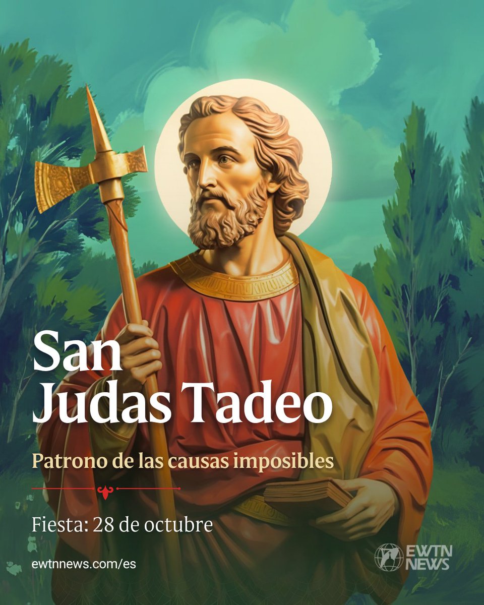 aciprensa's tweet photo. 🙏 Hoy, 28 de octubre, celebramos a San Judas Tadeo, apóstol de Jesús y patrono de las causas imposibles.

A diferencia de Judas Iscariote, quien traicionó a Jesús, Judas Tadeo permaneció fiel a Cristo. En los Evangelios aparece también con el nombre de Tadeo y es reconocido como uno de los Doce Apóstoles. Se le atribuye la carta del Nuevo Testamento que lleva su nombre, en la que se presenta como servidor de Jesucristo y hermano de Santiago.

Según la tradición, después de Pentecostés predicó el Evangelio en Mesopotamia y Persia, donde sufrió el martirio junto al apóstol San Simón. Ambos son recordados por entregar su vida a causa de su fe en Cristo.

San Judas Tadeo suele ser representado con una imagen de Jesús en el pecho y una llama sobre su cabeza, símbolo de Pentecostés. Su devoción se extendió especialmente entre quienes atraviesan situaciones difíciles y buscan fortaleza y esperanza en Dios. Comparte el patronazgo de las causas imposibles con Santa Rita de Casia.

✨ San Judas Tadeo, intercede por quienes atraviesan momentos difíciles y ayúdanos a permanecer fieles a Cristo. ¡Ruega por nosotros!

Lee la nota aquí: https://t.co/F6kIrXGSVi