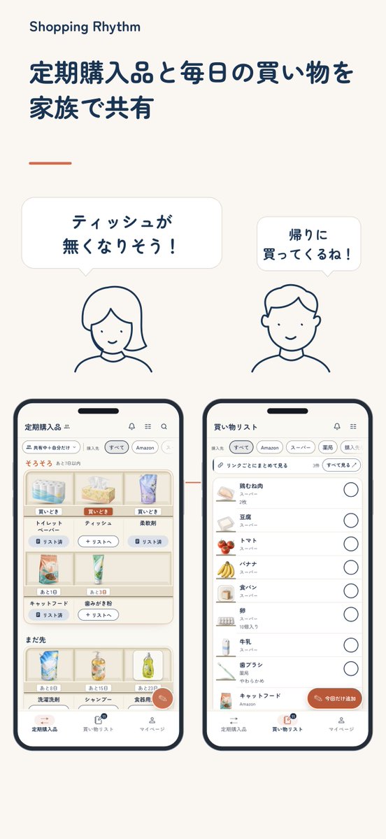kyono_kojin's tweet photo. 買い物リストと定期購入品を家族で共有できるアプリ🛒

買う頻度から次の買いどきの目安を知らせてくれる

家族で使えて便利そうです！✨

#個人開発 #個人開発アプリ https://t.co/djJAG1R1Iy