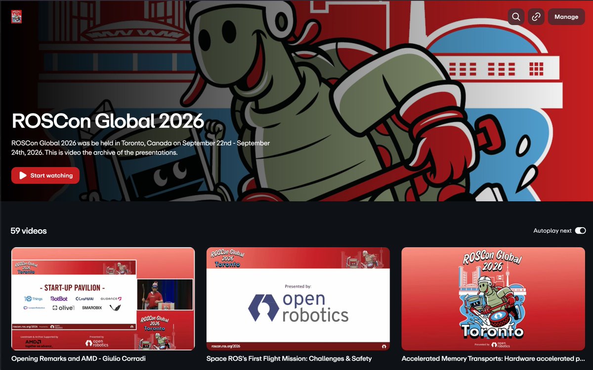 OpenRoboticsOrg's tweet photo. The videos from #ROSon Global are now available on Vimeo! Check out everything you missed and revisit your favorite talks.

https://t.co/vRsOjDxPpC 

#Robotics https://t.co/HGsAmAsGZb