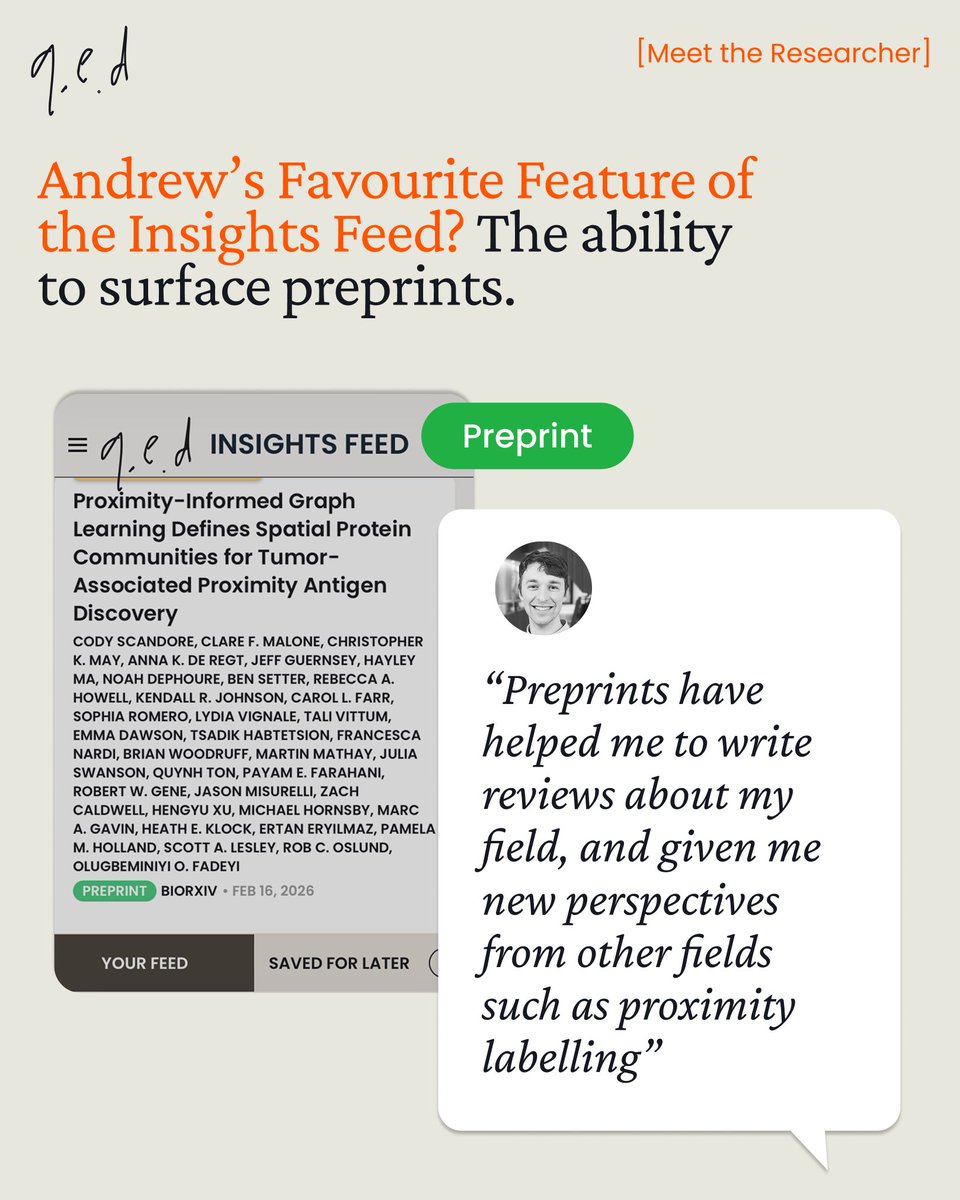 qedScience's tweet photo. What if the most relevant paper for your research is one you'd never think to search for?

Dr Andrew Baker (University of Cambridge) uses QED’s Insights Feed to discover papers and preprints he might otherwise miss.

See how it fits into his research routine 👇 https://t.co/pRyBnCkTdE