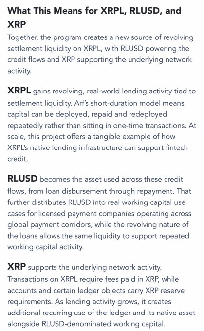 XRPJanet1's tweet photo. Pay attention.

XRP Ledger powering cross border payments with on chain credit! It brings everything together and fixes tradFi inefficiencies.

🧵What is the settlement liquidity Arf is bringing and what does this mean for XRP, XRP Ledger and RLUSD. Especially for XLS-66 and XLS-65.

Settlement liquidity is provided by giving out short term loans that get deployed and repaid once cross border payments settle.

Payment companies need flexibility and fast working capital to facilitate those cross border payments, the XRP Ledger fixes exactly this.

With XLS-66 and XLS-65, Lending Protocol and Single Asset Vault, Arf can manage and facilitate this on the XRP Ledger for their customers throughout the entire journey. From loans to payments!

More liquidity on the XRP Ledger, more XRP usage for network and liquidity bridging, while also using tokenized assets like RLUSD. Amazing synergy.