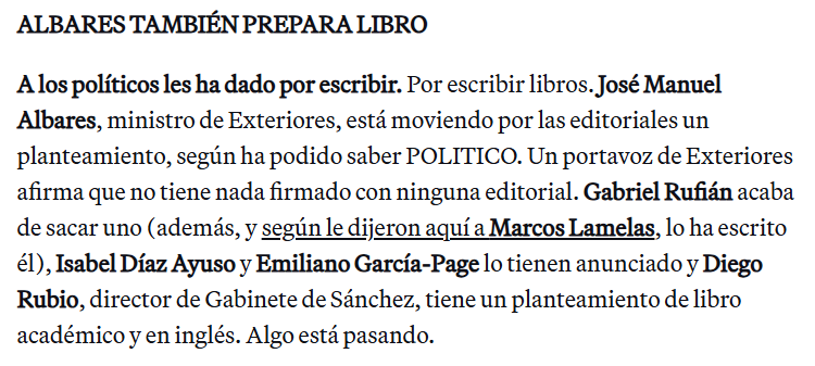 POLITICO_Esp's tweet photo. ✍️ A los políticos les ha dado por escribir libros. José Manuel Albares, ministro de Exteriores, está moviendo por las editoriales un planteamiento. Desde Exteriores dicen que no tiene nada firmado.
Rufián acaba de publicar uno y Ayuso lo tiene anunciado.
https://t.co/erlkcHKjoj https://t.co/sDGUwDSepv