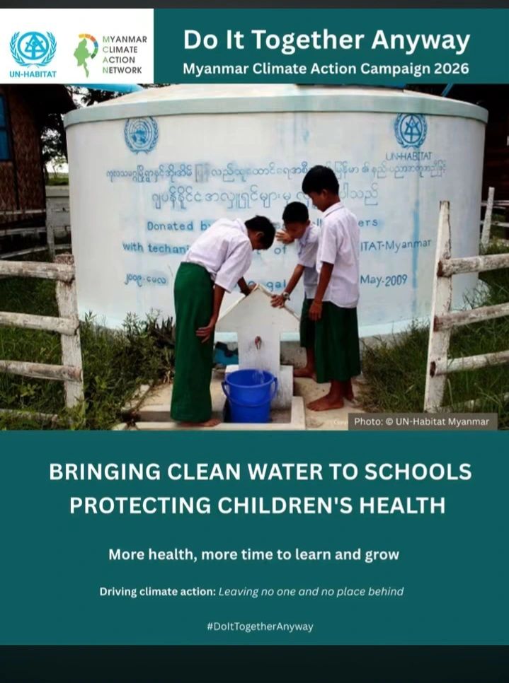 Ngontagni's tweet photo. 🏫 Eau propre à l'école = Enfants en bonne santé + Avenir protégé ! Dans le cadre de la campagne #DoItTogetherAnyway (Myanmar 2026), l'action climatique se traduit par des actes concrets. 💧✨ #UNHabitat #ClimateAction #PublicHealth https://t.co/nLOmhntB5t