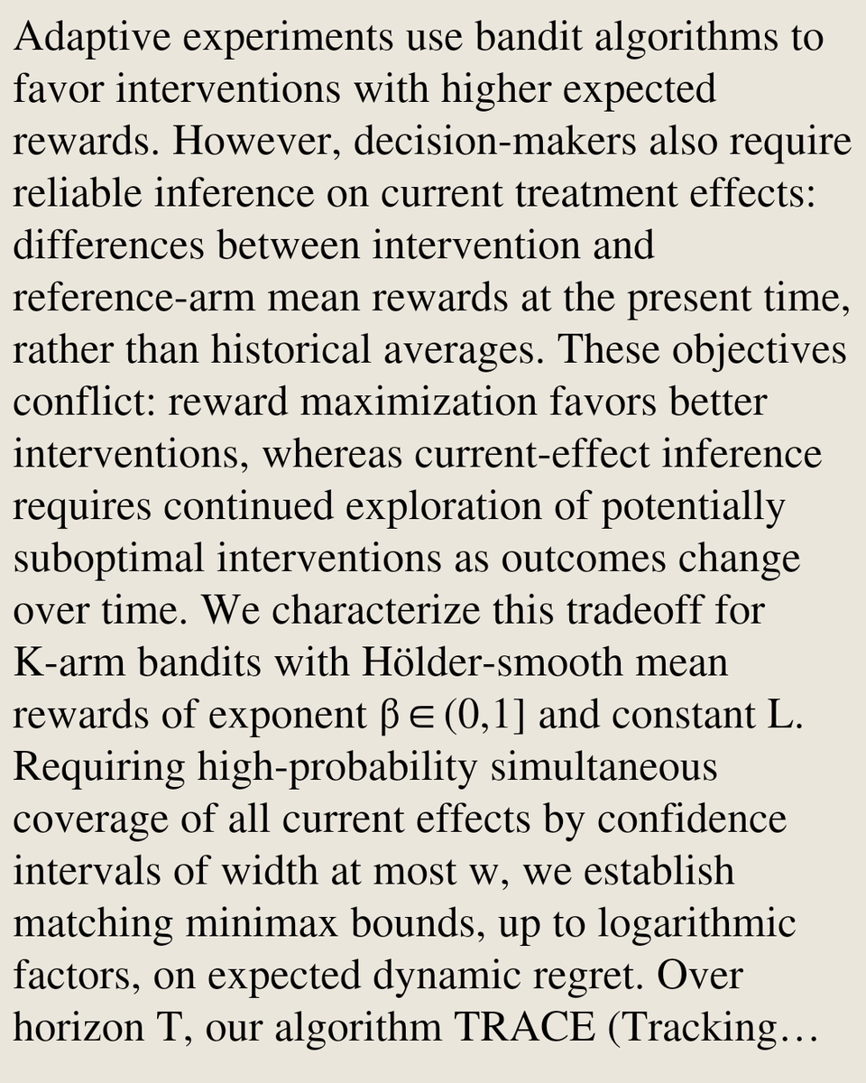StatsPapers's tweet photo. The Price of Current-Effect Inference in Nonstationary Multi-Armed Bandits

Sharan Sahu, Martin T. Wells
https://t.co/HPfGFI8aZb [𝚜𝚝𝚊𝚝.𝙼𝙻 𝚌𝚜.𝙻𝙶] https://t.co/jMVAFXvYHZ