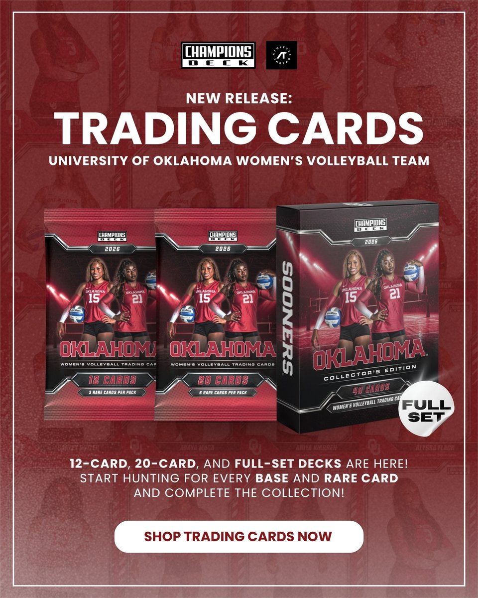 OUThreads_NIL's tweet photo. 🏐 Oklahoma Women’s Volleyball Trading Cards are here!

Collect your favorite Sooners, hunt for rare cards, and complete the collection with 12-card, 20-card, or full-set decks! 🔥

🛒 Shop trading cards now
link in bio

#BoomerSooner #OklahomaSooners #OklahomaVolleyball https://t.co/i9Xsf3piUm