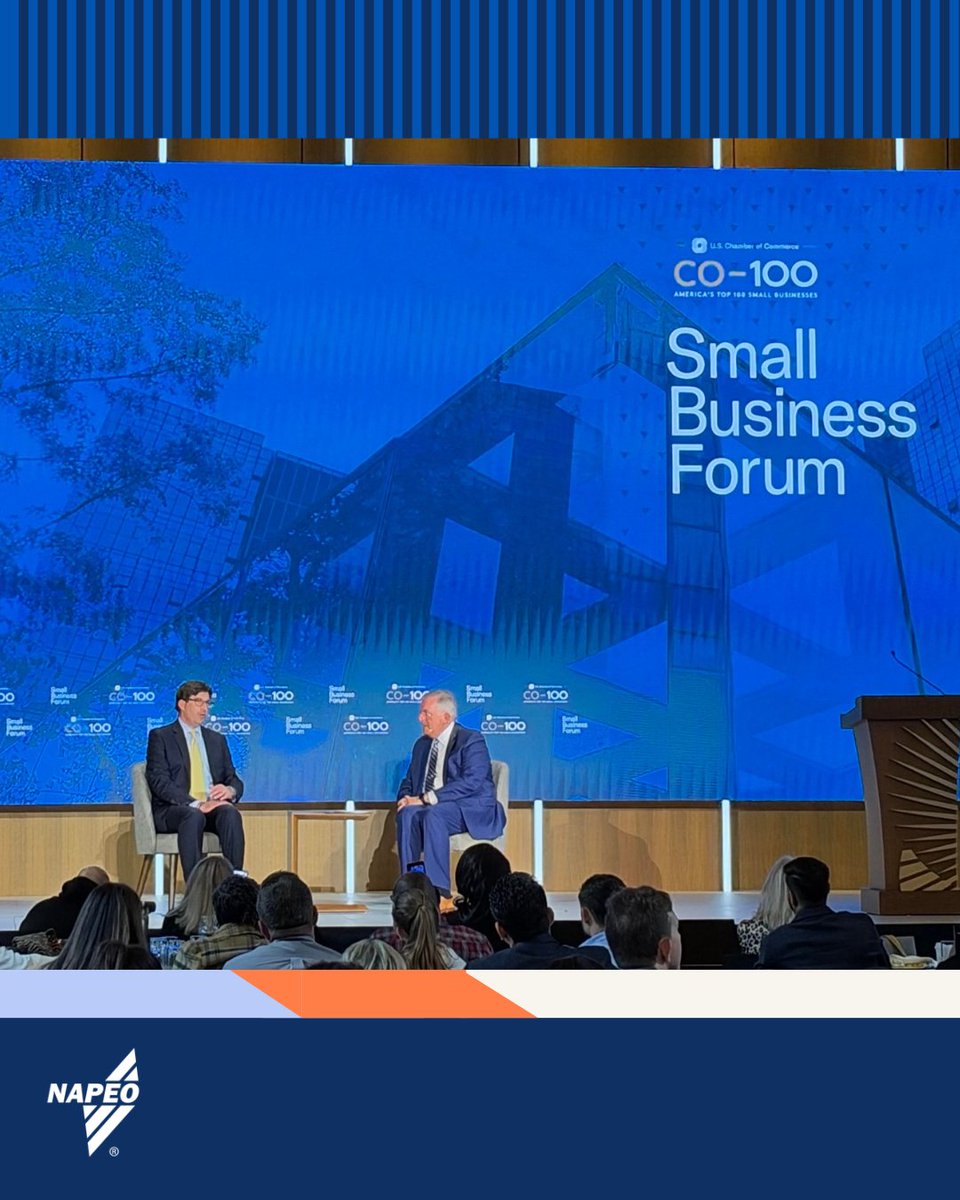 NAPEO's tweet photo. David Feinberg of NAPEO member @Justworks recently participated in the @USChamber’s Small Business Forum in DC, where he spoke with the Chamber’s Neil Bradley. 

The event highlighted the importance of small businesses to the American economy, a theme also reflected in the latest Justworks and U.S. Chamber of Commerce Small Business Index. 

The Index rose to 70.5 in Q3 2026, up from 66.5 in the previous quarter and approaching its record high of 72.0. The findings point to growing confidence among small business owners: 71% say their business is in good health, 62% expect revenue growth and 36% plan to add staff. Inflation remains the top concern, cited by 54% of owners. 

Explore the full findings: https://t.co/GGjw1DRDJb 

#PEO #NAPEO #SmallBusiness
