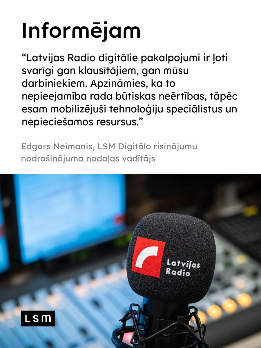 lsmlv's tweet photo. LSM prioritāte – nodrošināt Latvijas Radio digitālā satura pieejamību pēc kiberdrošības apdraudējuma! https://t.co/at3LbBuFJT https://t.co/nnnT1cEH1G