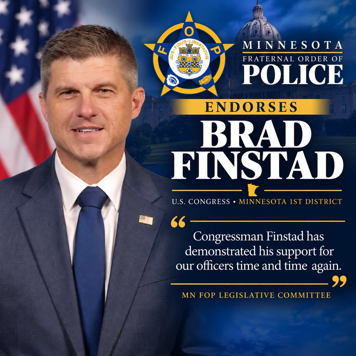 MNFOP's tweet photo. 🇺🇸💙 The Minnesota FOP proudly endorses Congressman Brad Finstad for reelection in MN-01!

His continued support for law enforcement and willingness to meet with our members and hear their concerns demonstrate his commitment to Minnesota's officers.

#FOPStrong #MN01 @BradFinstad 

Make the endorsement sound strongerAdd a clear voting call to action