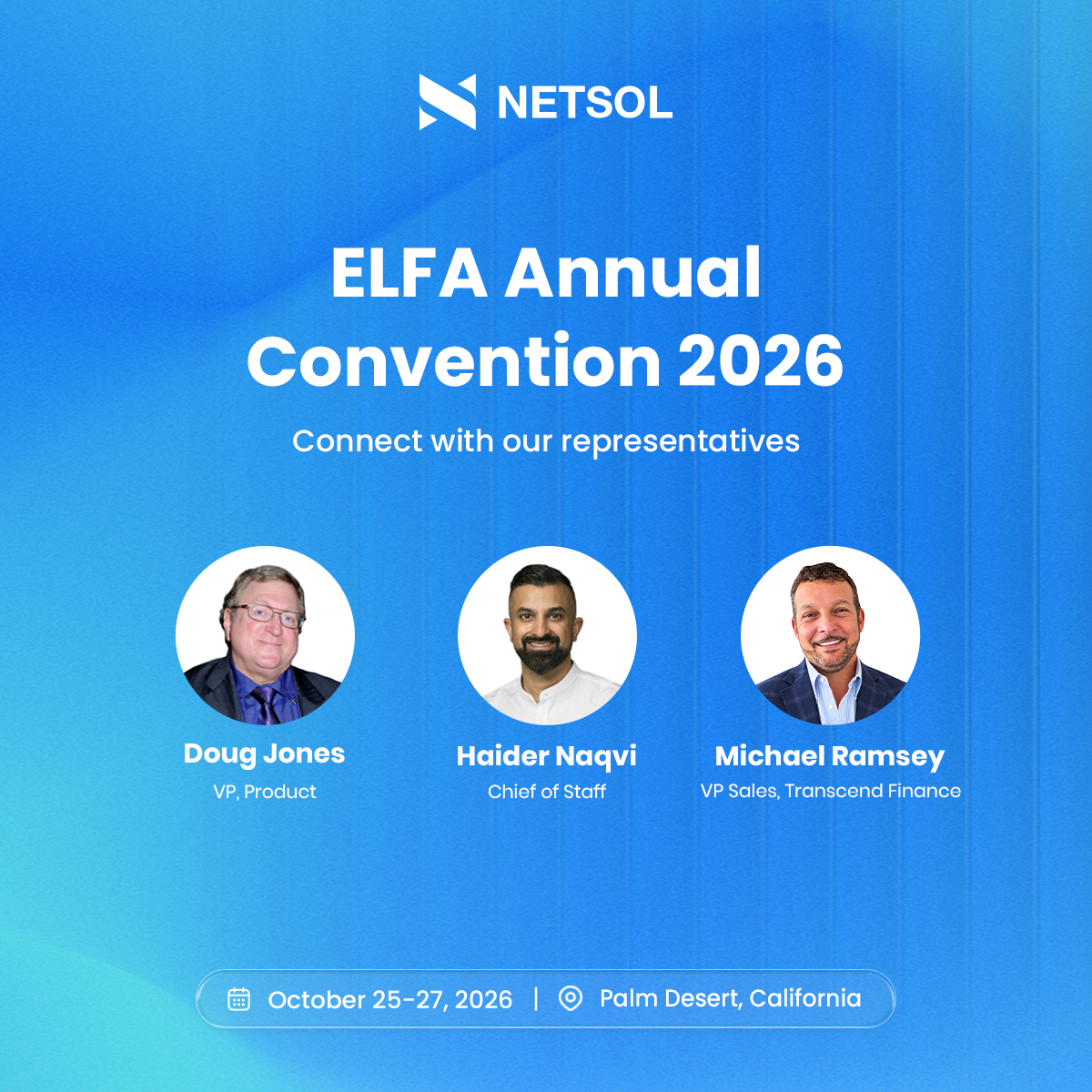 NETSOLTech's tweet photo. Our team is gearing up for the Equipment Leasing & Finance Association (ELFA) Annual Convention 2026 in Palm Desert.

The premier three-day event for the equipment finance industry kicks off on Sunday at the JW Marriott Desert Springs Resort & Spa, where our representatives will be demonstrating our proven AI-enabled, API-first Transcend Finance platform which is used by equipment finance companies across North America & around the world.

Visit Booth 4 & 5 and explore how Transcend Finance unifies origination, servicing & wholesale finance on one connected platform, delivering configurable workflows, seamless integration & real-time data intelligence at scale.  

Secure a meeting with our team in advance here:
https://t.co/PbF3uqrvJO 

#netsoltech #netsolamericas #equipmentfinance #leasing #futureproofing #technology #transcendfinance #transcendplatform #elfa2026 #booth4 #booth5 #palmdesert