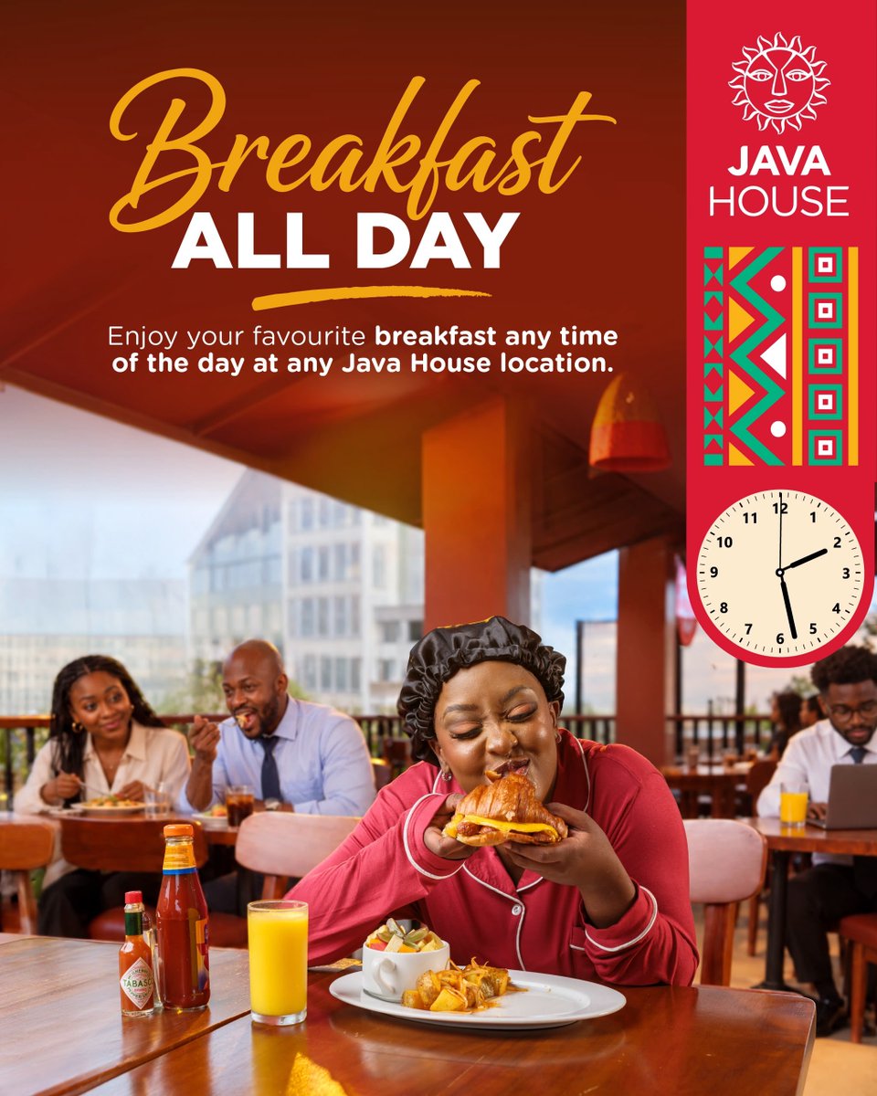 FrostProUg's tweet photo. Maybe you missed breakfast because of work. Maybe you woke up late. Maybe you just want pancakes and coffee in the afternoon because… why not?
#JavaAllDayBreakfast
Whatever your reason, you don’t have to wait until tomorrow morning.
Head to @JavaHouseUG and enjoy All Day Breakfast, from 6 AM to 10 PM. Your cravings don’t need a timetable.
Who’s coming with you?