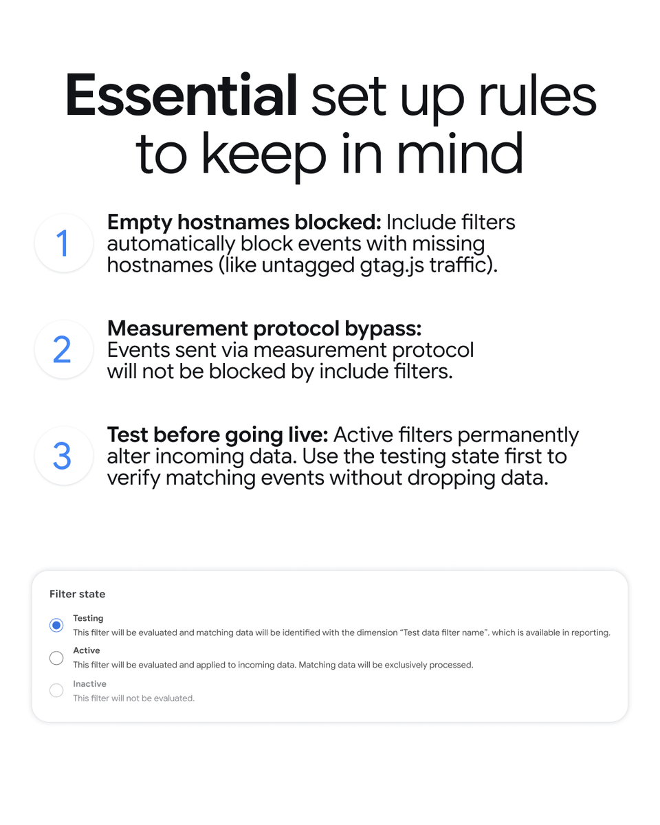googleanalytics's tweet photo. Say hello to cleaner data with less maintenance 🛠️

Google Analytics now lets you build an allowed list of trusted domains, automatically filtering out unauthorized traffic from your reports 🎯

Swipe through for key setup rules &amp; updates → https://t.co/idlD8YZnfm https://t.co/suAXIgVYHF