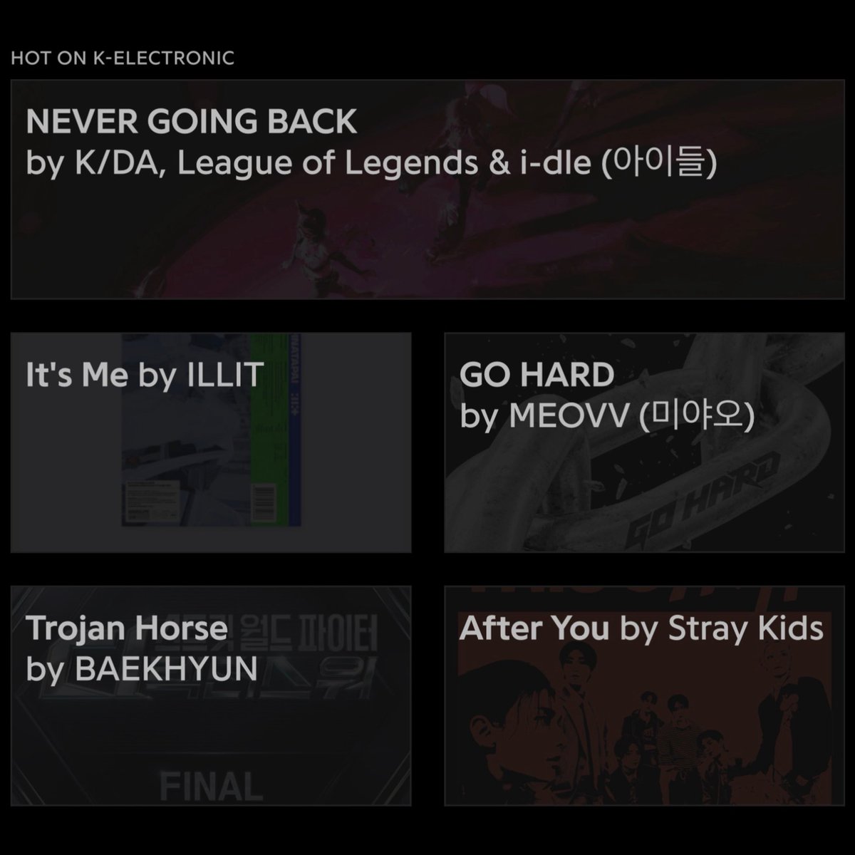 Genius_kor's tweet photo. #GeniusCharts | Two new songs debut in the Top 5 of the daily K-Electronic chart in Genius Korea! 

“NEVER GOING BACK” by K/DA performed by #SOYEON &amp; #MIYEON debuts at #1 followed by “Trojan Horse” by #BAEKHYUN debuts at #4! https://t.co/pt13rCqaeI