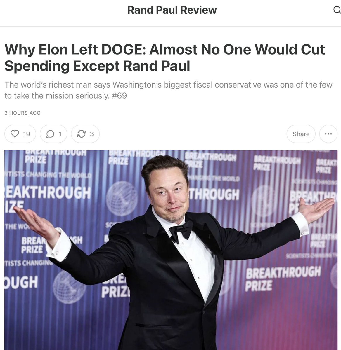 SenRandPaul's tweet photo. .@elonmusk: “Basically, no one in authority in the government whatsoever — with maybe a few rare exceptions [like the] Rand Pauls of the world — actually wants to reduce spending.” https://t.co/Ti9G1BW6RM