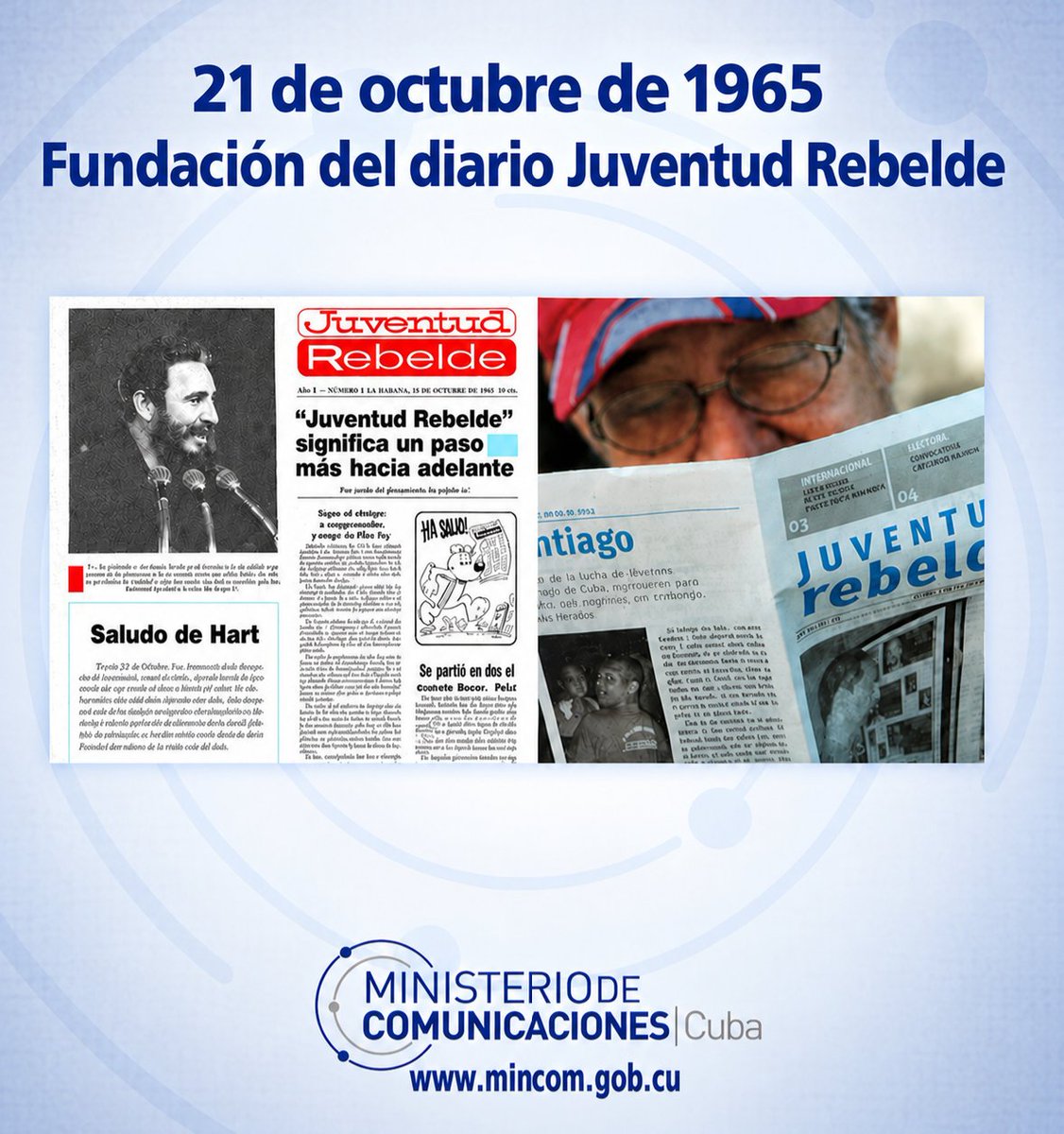 MINCOMCuba's tweet photo. Juventud Rebelde, el diario que el pueblo nombró, cumplió 61 años. Hoy sigue innovando y conectando con la juventud cubana. Desde el Mincom celebramos su historia y su vínculo con las comunicaciones. #Cuba #ConectadosALoNuestro https://t.co/KSI5MK2p3V