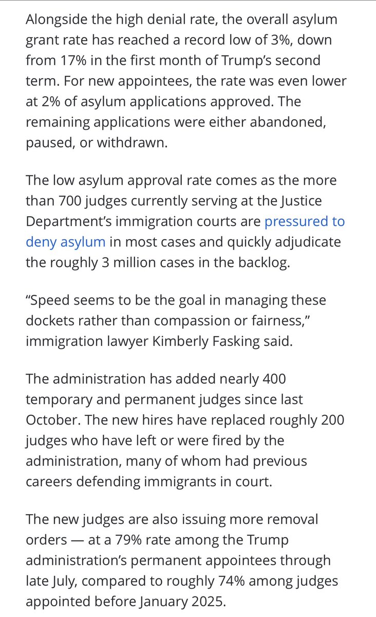 captive_dreamer's tweet photo. Trump is reshaping the entire “asylum” system by gradually firing immigration “judges” and replacing them with deportation-aligned personnel; new hires are much more likely to deny asylum claims and issue removal orders: https://t.co/PJ30vIdEdW