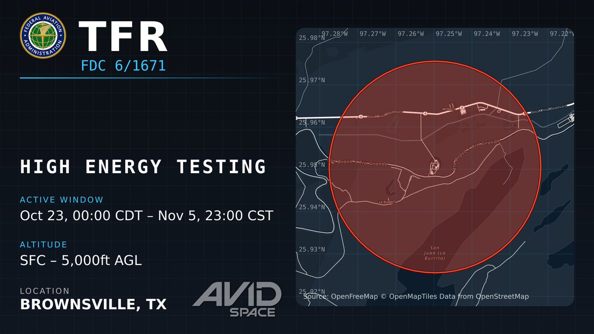 LabPadre's tweet photo. And 1 for Massey's

🚨 New TFR 6/1671 — Brownsville, TX
Oct 23, 00:00 CDT – Nov 5, 23:00 CST
SFC – 5,000ft AGL
https://t.co/y40PZp3v1t https://t.co/zmFFfEz3yS