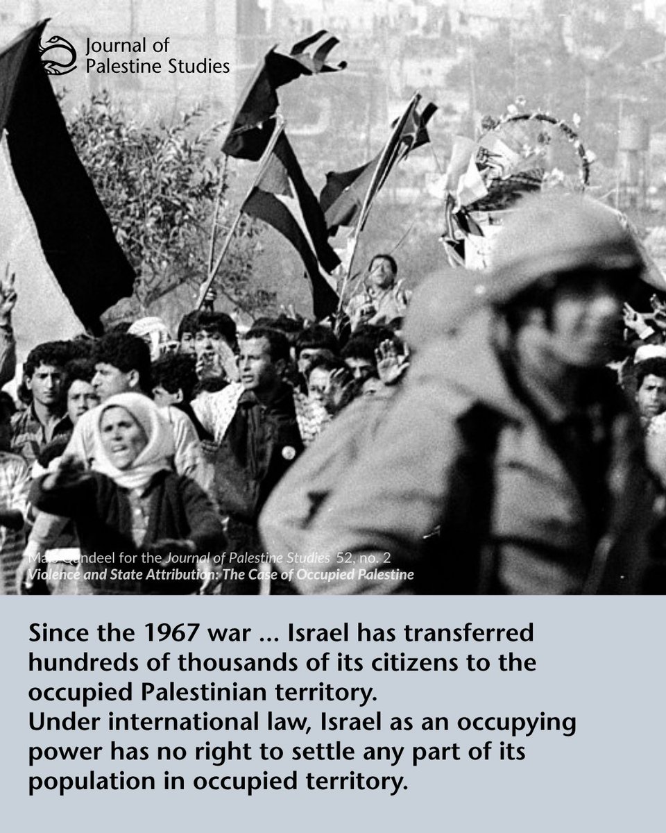 PalStudies's tweet photo. Israel, as an occupying power, has the obligation to protect Palestinians against all acts of violence. In her article for the Journal of Palestine Studies, Mais Qandeel examines Israeli settler violence from the lens of this obligation and of the law of state responsibility. 

Settler violence against Palestinians, which is often lethal and always injurious, is not and has never been a matter of domestic law enforcement.

Read the article via the Journal of Palestine Studies: https://t.co/kjJKj40Nb8