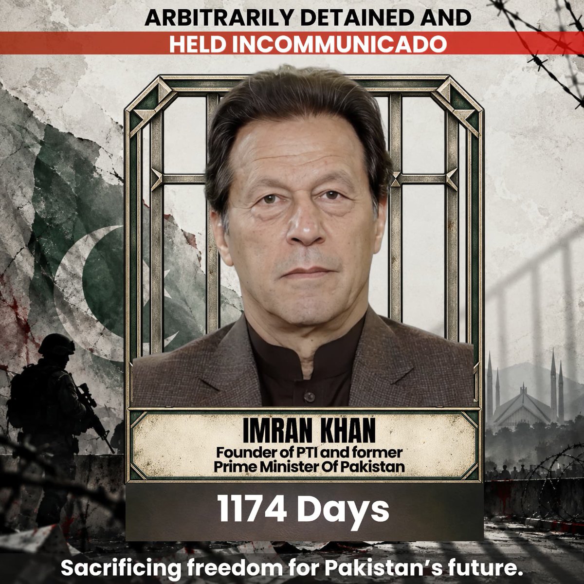 PTIofficial's tweet photo. #FreeImranKhanAndFamily and all political prisoners! 

These 1174 days are a shame for the country as the person who brought so much glory to the Nation is behind bars for “standing up” for the Nation. https://t.co/s8QmbL3tcC