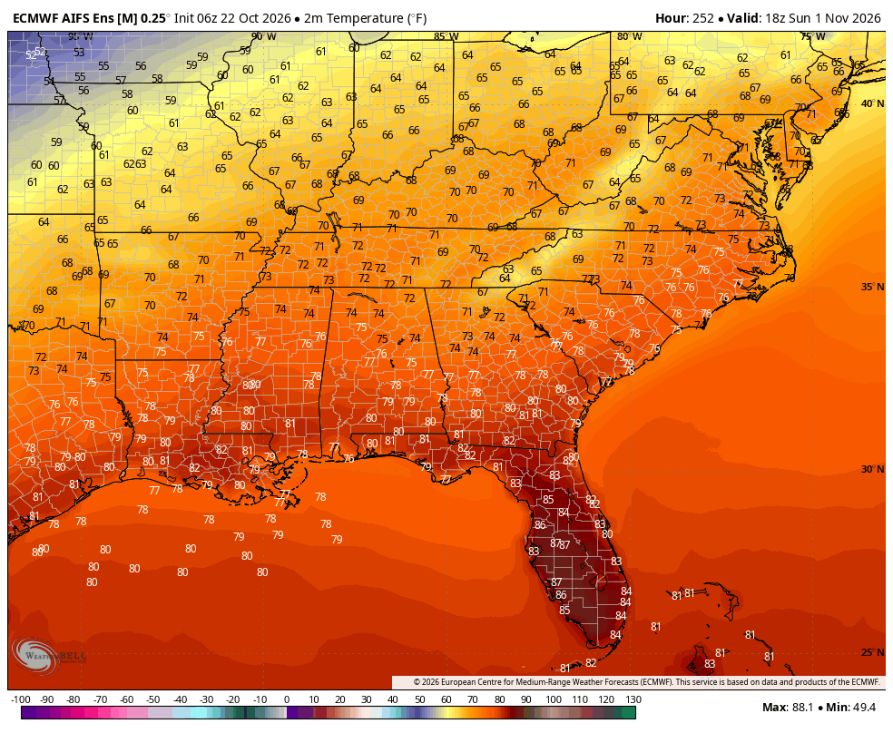 StarInBoxWx's tweet photo. Temperatures will likely be above-average through early November, and some 80s are possible along the Gulf Coast, but very unlikely inland.

Our daytime highs across Bham may not have much change (low-mid 70s) for at least the next 2-3 weeks, should expectations continue to hold. https://t.co/ZBb8kO3oVQ