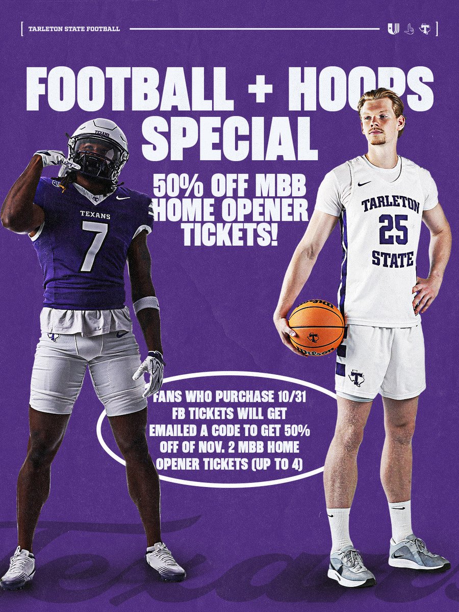 TarletonSports's tweet photo. Halloween Football, then Half-Off Hoops!

Fans who purchase tickets to the Oct. 31 Tarleton State Football game will be emailed a promo code to get 50% off of Tarleton State Men’s Basketball season-opening tickets on Nov. 2 (up to 4 tickets)!

FB Tickets: https://t.co/vf5horLVeN https://t.co/ABKq1yn9Ml