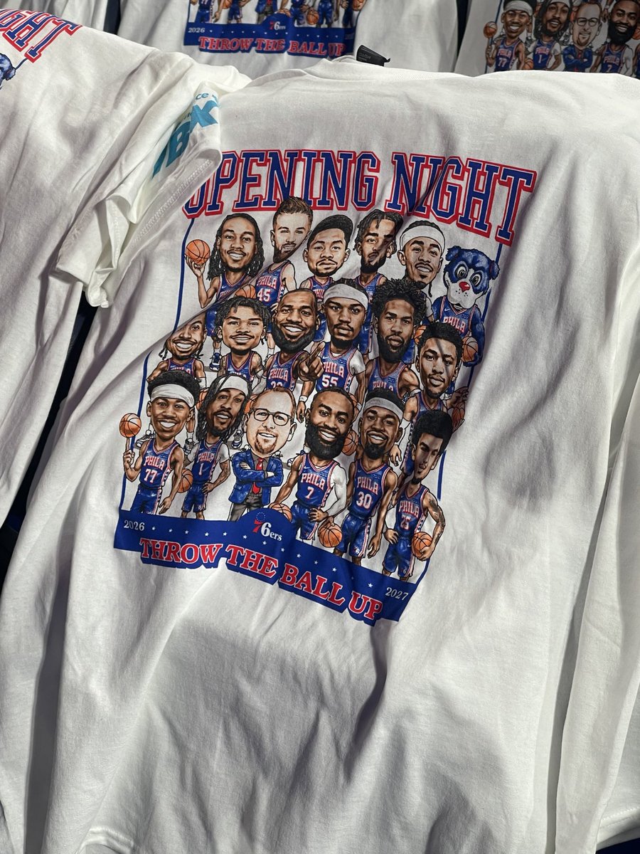 SportsRadioWIP's tweet photo. 2026-27 Philadelphia 76ers home opener t-shirts. 👀🔥 https://t.co/dhYSjaX09Y