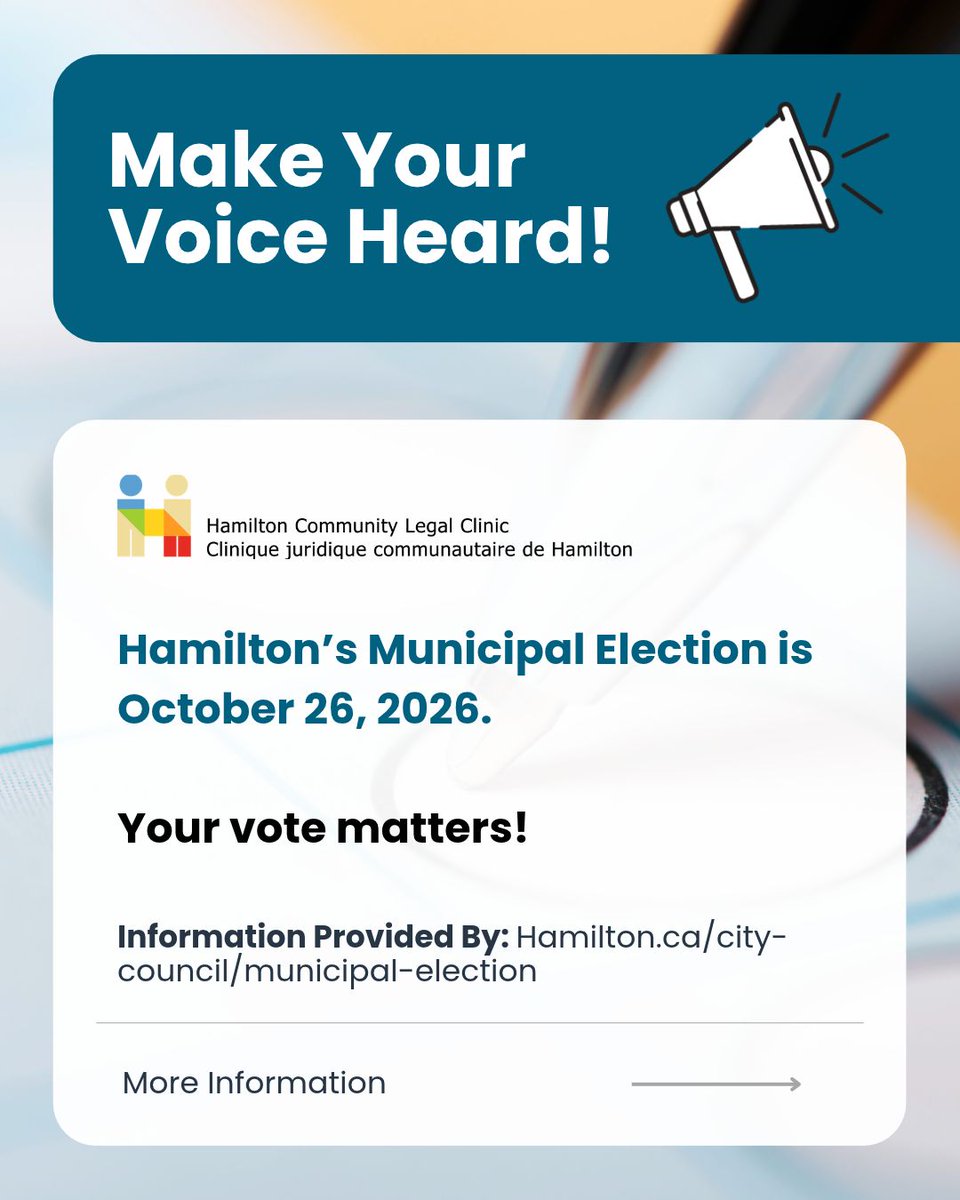 HamiltonJustice's tweet photo. Hamilton’s Municipal Election is October 26, 2026
Voting in municipal elections directly shapes our community. Make your voice heard!

#HamiltonElection #HamiltonVotes https://t.co/btD5o30k4R