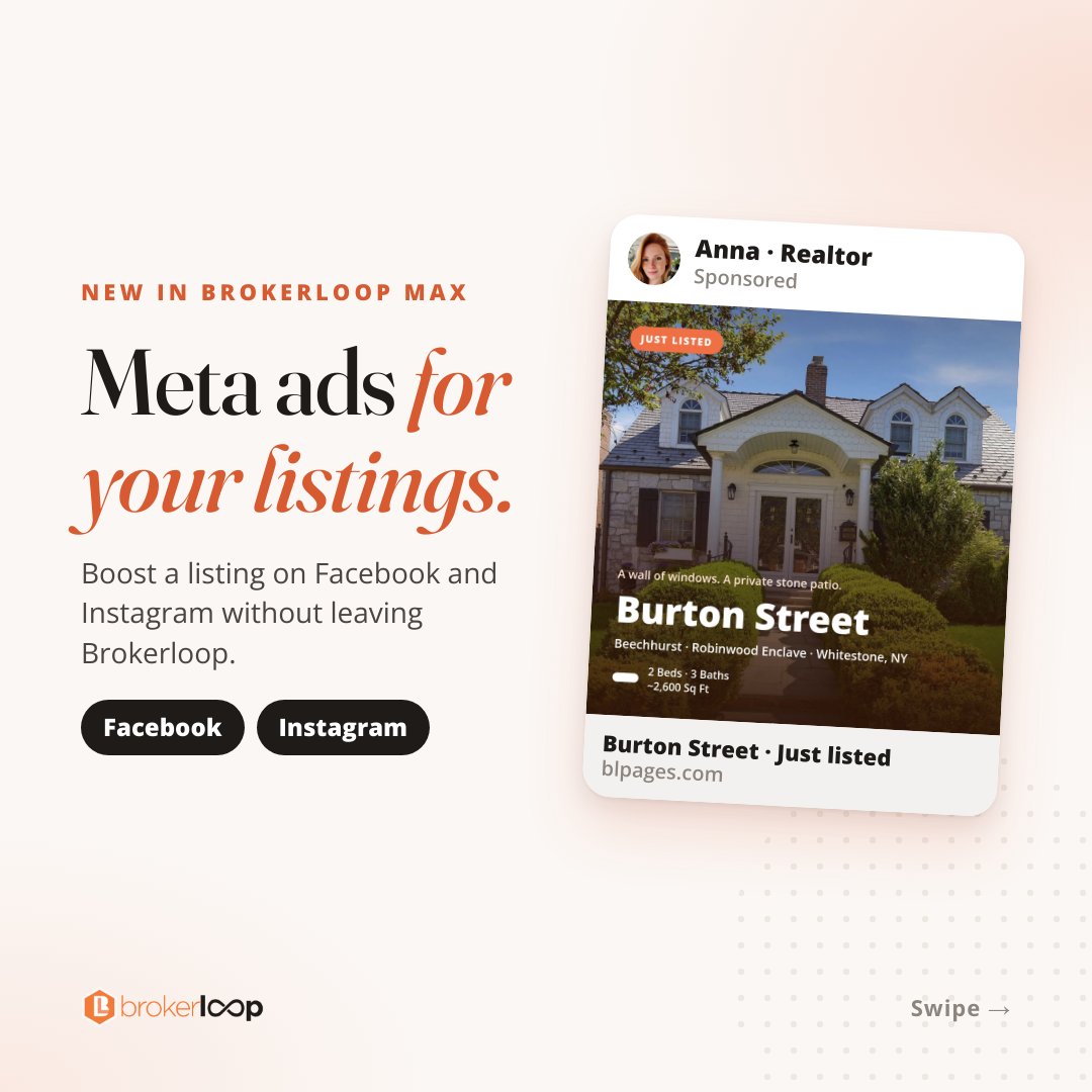 Brokerloop's tweet photo. New in Brokerloop Max: Meta ads 📣

Ask Max to boost a listing → pick a goal, choose the area, set a budget, launch on Facebook &amp; Instagram. Leads land in your Contacts.

✅ Your own ad account
✅ No markup on spend
✅ Your own leads

👉 https://t.co/HCWSteDlS0 https://t.co/zSpx1hh62I