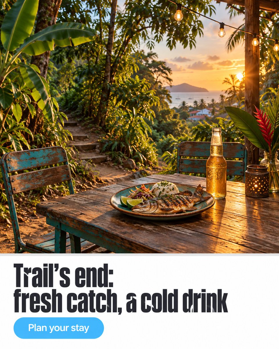 Escape2Tropics's tweet photo. Trail's end tastes like this: fresh catch, a cold drink, toes still dusted in jungle. Dinner is a five-minute walk from your suite - no taxi needed. Pura Vida, come on in. https://t.co/IThJYlS8Hz https://t.co/Qle4iyIvG9