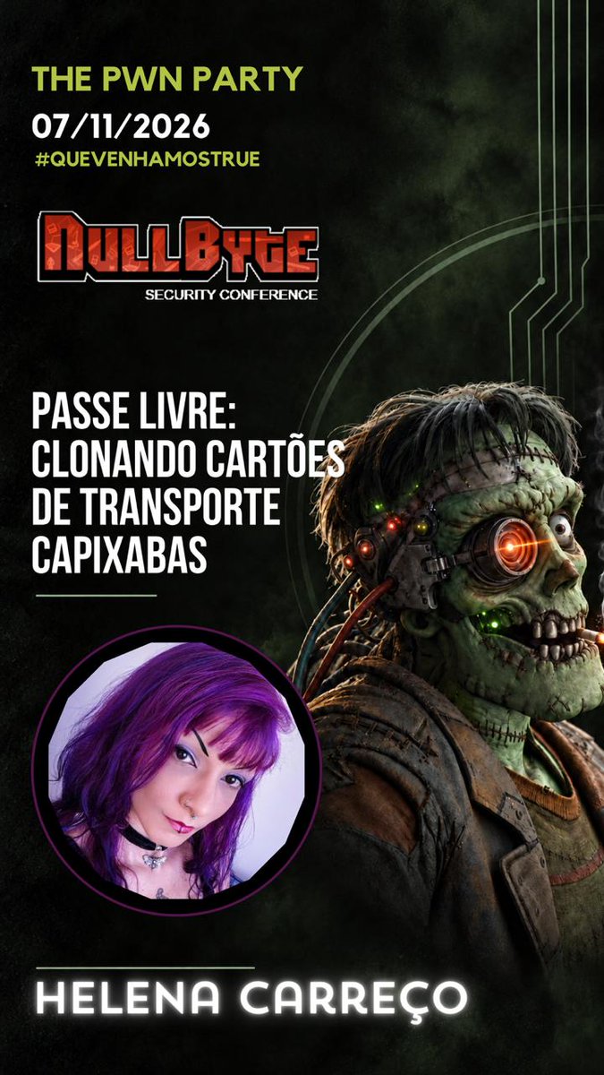 nullbytecon's tweet photo. Passe Livre: clonando cartões de transporte capixabas
@molocohrrr 
#quevenhamostrue
https://t.co/1TUqgyyBF4
Ingressos: https://t.co/r8fm5z3mcO https://t.co/T2SFVrZqn1