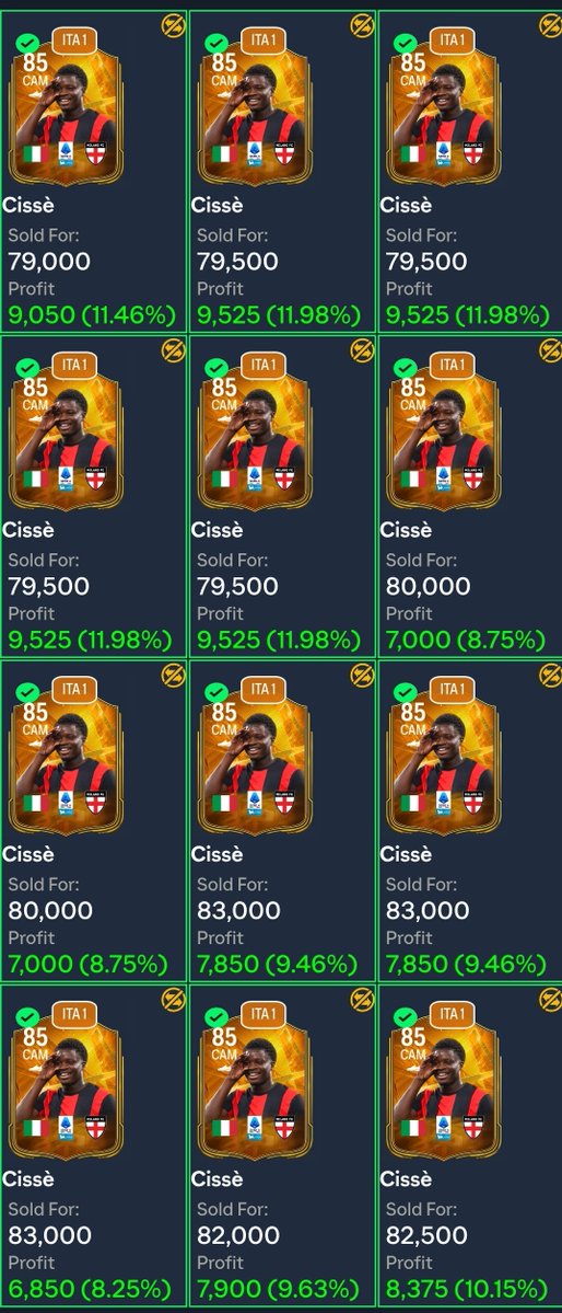 TradeMaster91's tweet photo. Today's Flips 📈

Another solid day of trading!

- Cissé — 100K profit
- Diomande — 65K profit
- Griezmann — 12K profit

Total Profit: 177K coins after tax

21 cards sold. Nothing crazy, just consistent profits throughout the day. https://t.co/GvfX9jSEv5