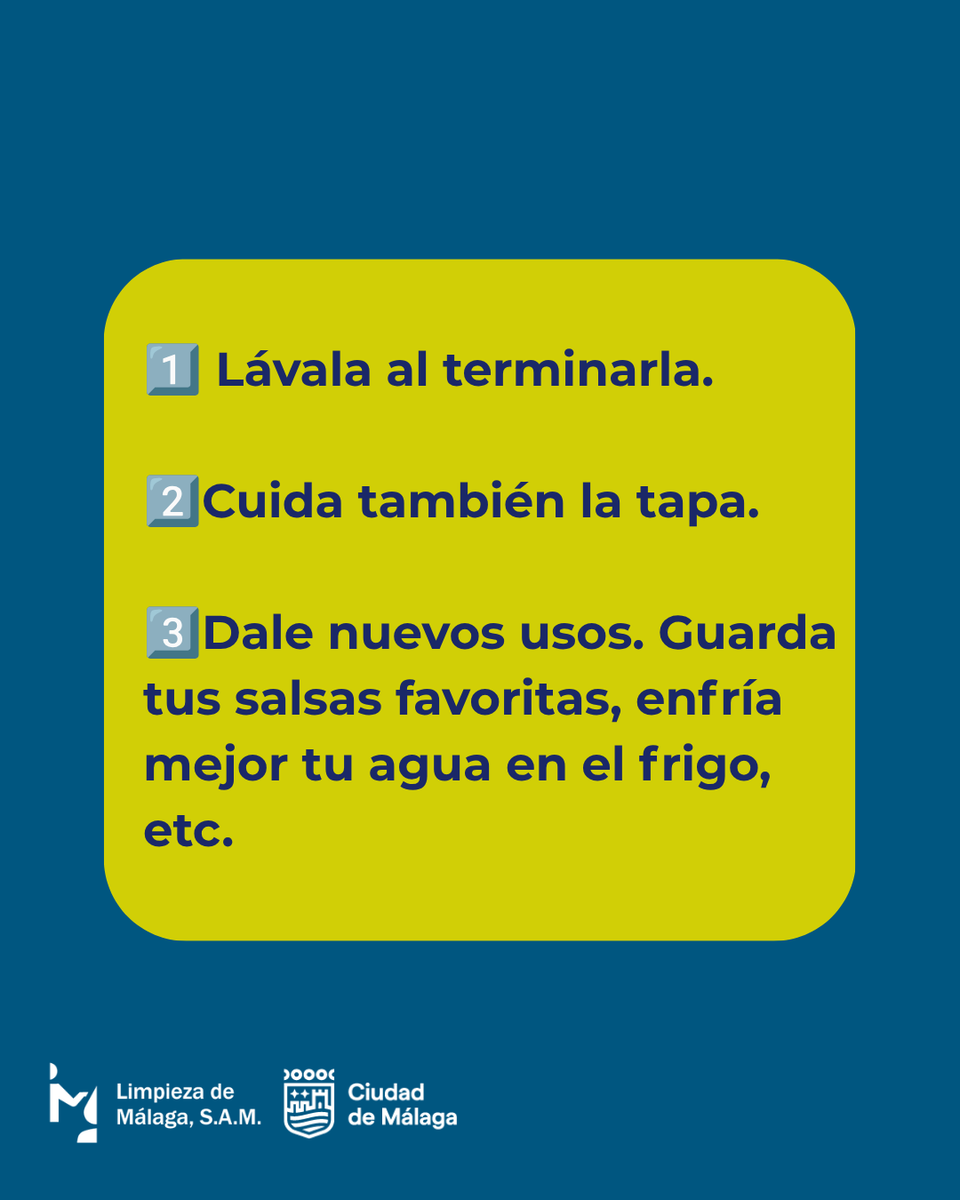 LimasamOficial's tweet photo. Una botella de vidrio puede durar mucho más de lo que crees 

Lávala al terminarla, cuida también la tapa y dale nuevos usos en casa.

Y cuando llegue su momento, al contenedor verde, sin tapón: la tapa va al amarillo. https://t.co/cEogDgDbcm
