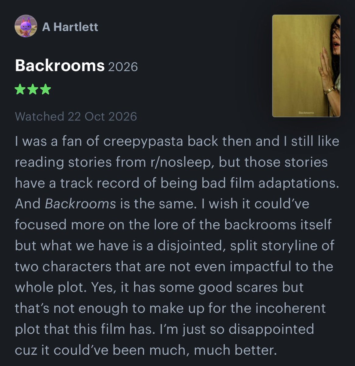 AHartlett's tweet photo. #Day22 Backrooms (2026)
Genre: Psychological horror
3/5 https://t.co/zf8pWDv6fk