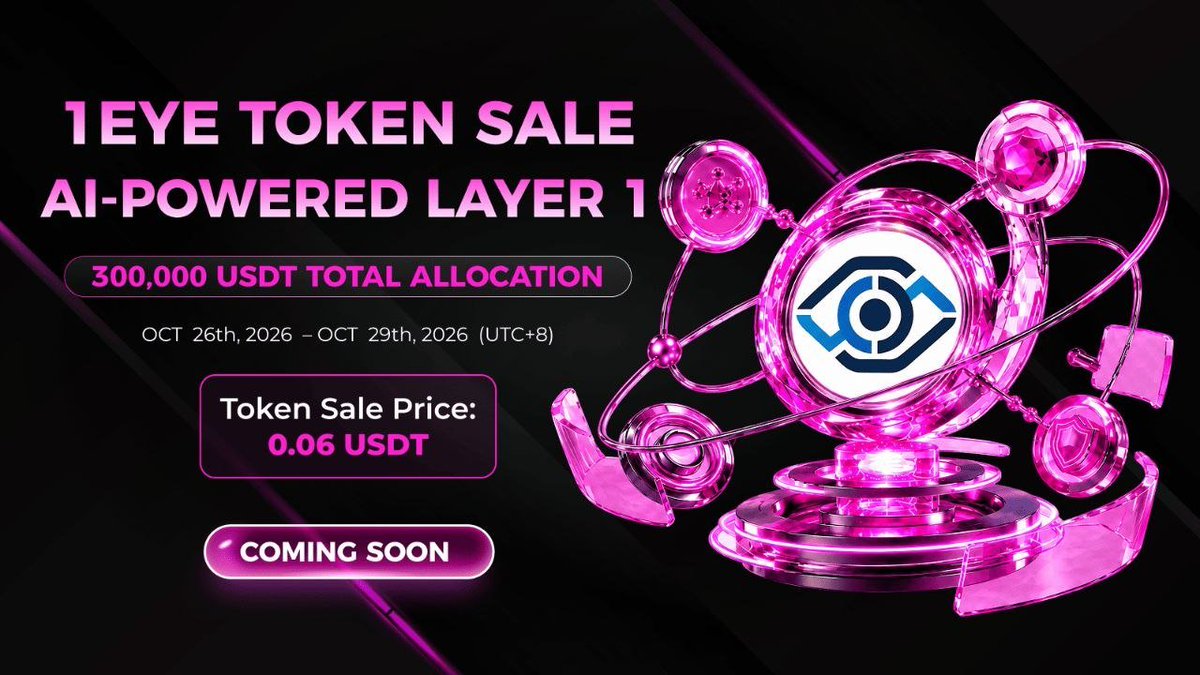 MR6Coo's tweet photo. 🚀 AI-powered Web3 meets decentralized infrastructure in the upcoming $1EYE Tokensale!

1eyechain aims to support AI apps, smart contracts, dApps, digital assets and DeFi.

📅 Oct 26–29, 2026
💰 Price: 0.06 USDT
🎯 Total allocation: 300,000 USDT
🪙 Tokens: 5,000,000 1EYE https://t.co/8zWt767hhD