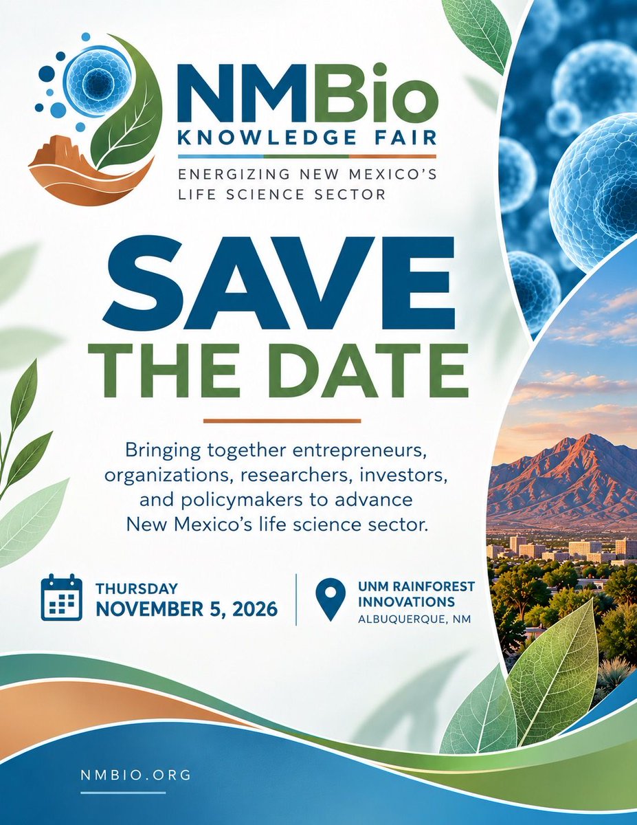BioScienceCtr's tweet photo. Join NMBio for the 2026 Knowledge Fair, bringing together entrepreneurs, researchers, industry leaders, and innovators for a day of networking, collaboration, and knowledge sharing!

Register here: https://t.co/kRnH1w3OgD https://t.co/ZsDRwL4iCa