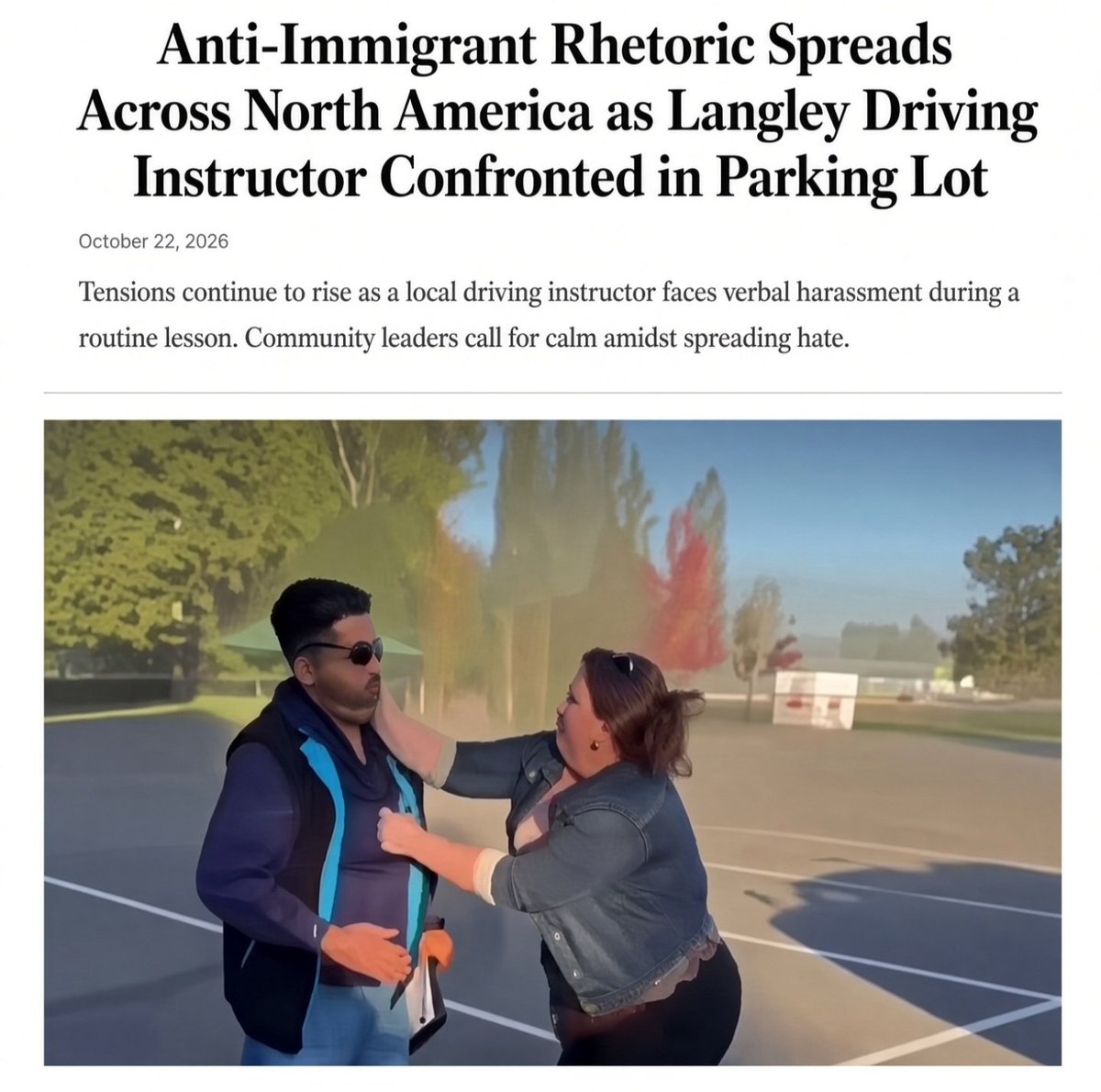LongTimeHistory's tweet photo. A Valley Driving School instructor was confronted and struck in the head while teaching a student in an empty parking lot this week, in a viral video that has drawn attention to the cross-border reach of anti-immigrant language.

The footage shows the instructor standing with a clipboard during a lesson when a woman approaches. She accuses him of parking illegally and tells him to “go back to your country.” In response, he replies “Born here.”

The exchange continues with further heated comments before she is seen slapping him. The instructor remains largely composed and continues recording.

Valley Driving School has stated that it filed a report with local police and is supporting the instructor. No arrests or charges have been publicly confirmed. The woman was associated with a black Chevrolet Equinox.

While the incident took place in Canada, many online commenters have noted that the language used echoes phrases that have become more common in public confrontations in both Canada and the United States.

Some have connected the rhetoric to intensified anti-immigrant messaging in American politics, particularly statements from Donald Trump framing immigration as a threat, which observers say has normalized nativist language on both sides of the border.

Local driving instructors in the Fraser Valley have occasionally reported harassment during lessons, though cases involving explicit racial language and physical contact are less commonly documented in public reports.

The original video was shared by local accounts, including one that described a woman going “off on a driving instructor in Langley while he was doing his job in an empty parking lot.”

As of Thursday morning, the story remains primarily a social-media phenomenon. Whether the police report leads to further action, and whether the video prompts any official local response, remain unknown.