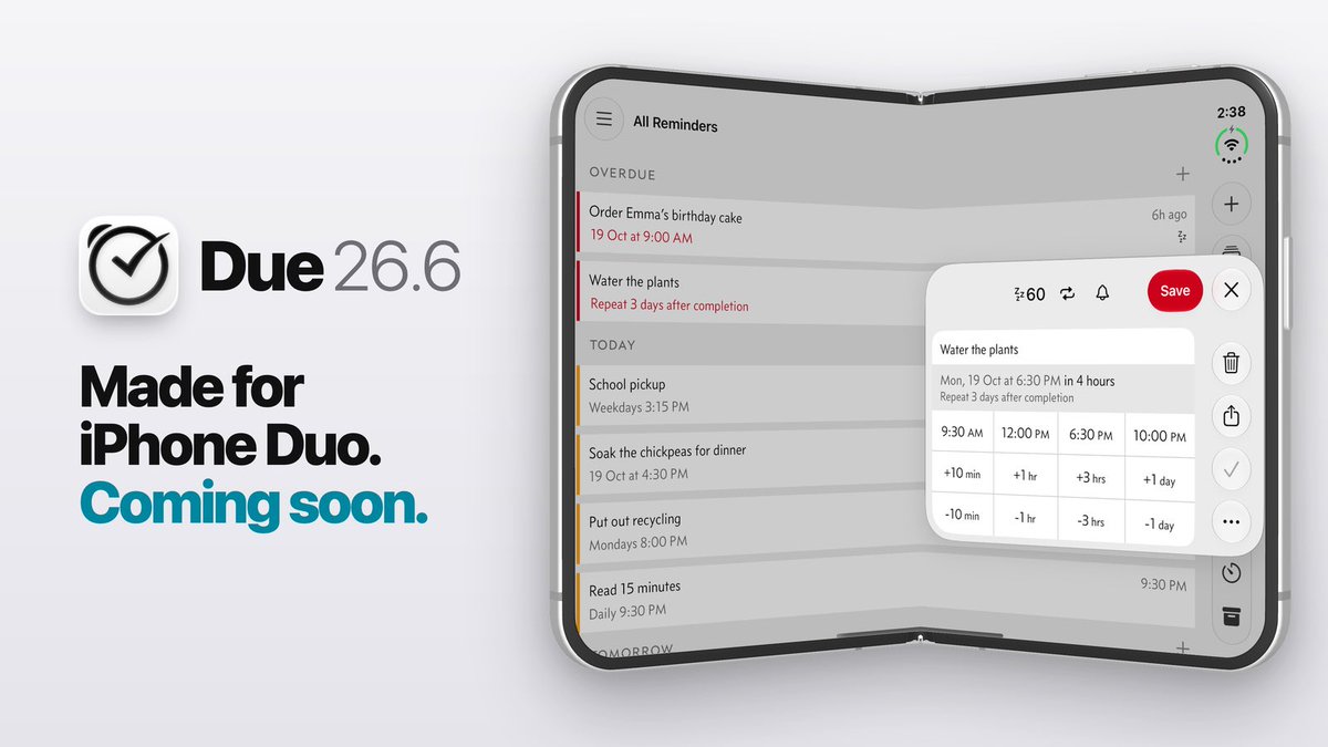 dueapp's tweet photo. Due 26.6, the update for iPhone Duo, is done and has been waiting for App Review for over 48 hours, much longer than usual. At this rate it may miss the launch day. If you're getting a Duo, I hope it's in your hands soon after. https://t.co/lfmhkiJulp