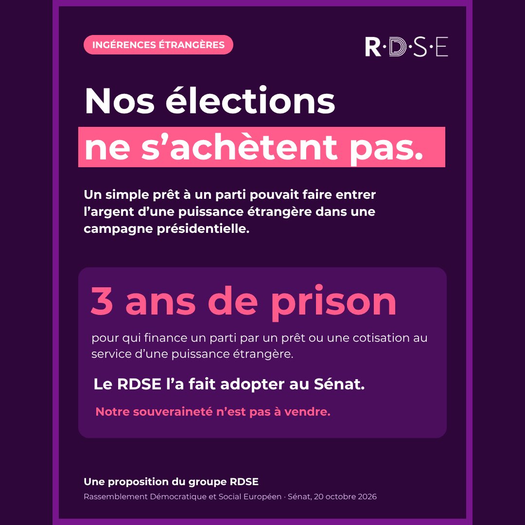 rdse_senat's tweet photo. ✅ 5 amendements RDSE adoptés pour lutter contre les ingérences étrangères !

Gel des avoirs des commanditaires, achat de voix, fausses nouvelles au service d’une puissance étrangère, prêts suspects aux partis : le @Senat a suivi notre groupe !

#IngérencesÉtrangères https://t.co/kaCY4A8Cle