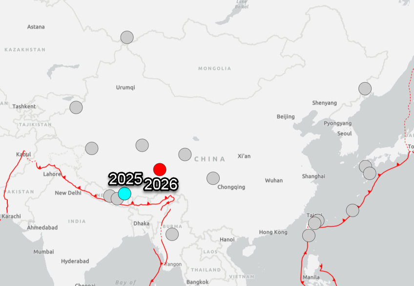 WeatherMatrix's tweet photo. Big shallow 7.0 quake in China. Last 7+ mag was Jan. 2025. Around 8 of that mag or higher since 2000. https://t.co/oR4COeNB8m https://t.co/ybLMjkXUyz