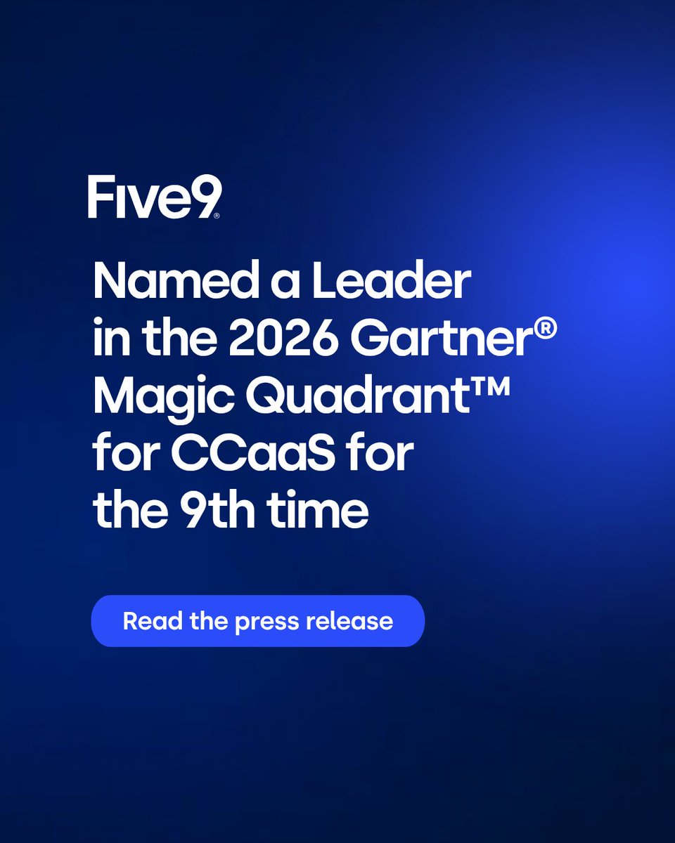 Five9's tweet photo. Five9 has been recognized as a Leader for the 9th time in the 2026 Gartner® Magic Quadrant™ for Contact Center as a Service. 
 
Get your copy here: https://t.co/cU5J0qpwIO https://t.co/mhuB2FPQWS